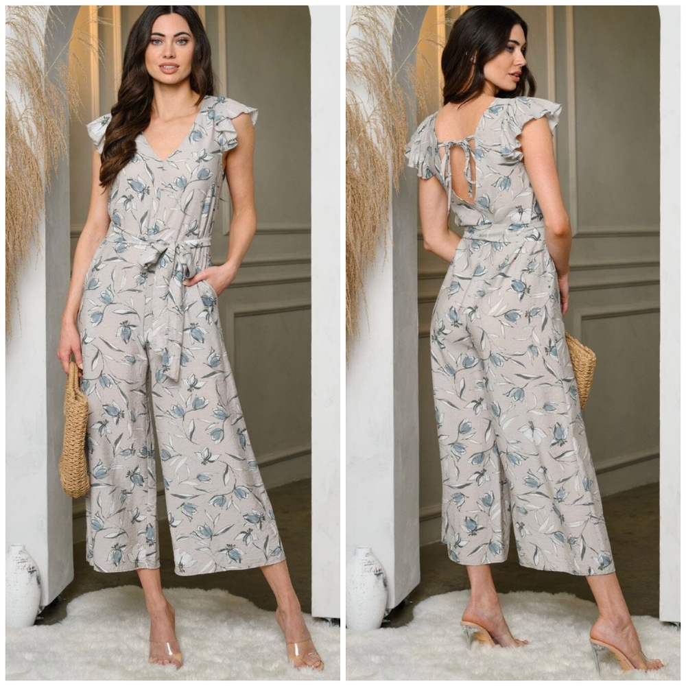 Feminine Chic Floral Gray Open Back Jumpsuit - Picture 5 of 6